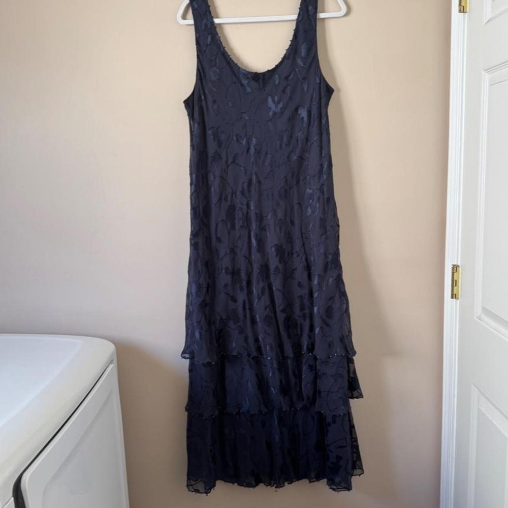 Vintage 90s Y2K 100% Silk Navy Blue Tiered Maxi Dress Burnout Plus Size Large XL - Picture 8 of 8